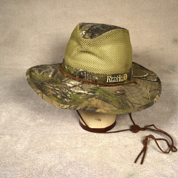 Redhead Camouflage Bucket Hat Khaki Mesh Vented Wide Brim Leather Camo Sunhat - Picture 2 of 11